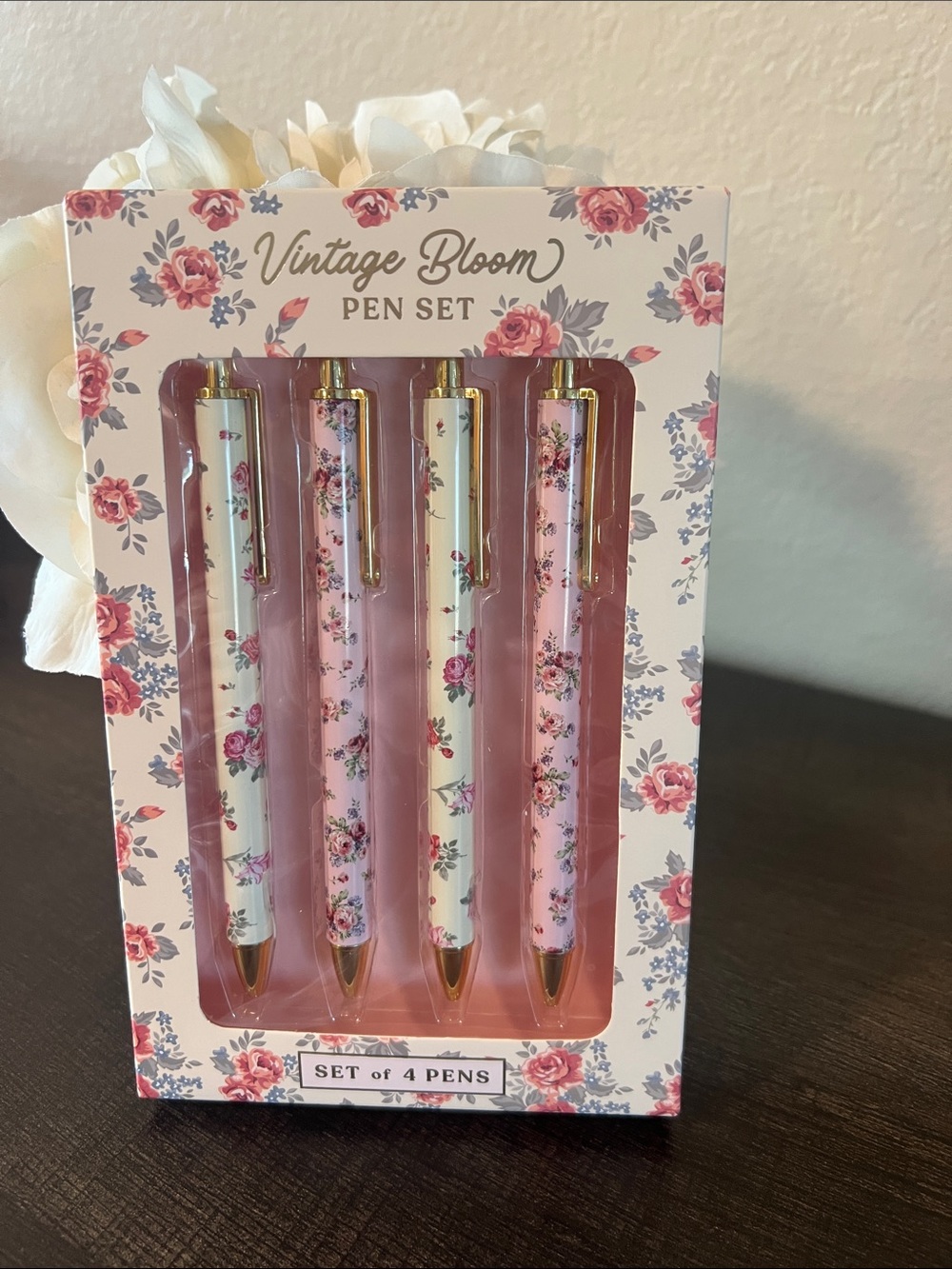 Vintage Bloom Floral Pen Set - Pink & Cream